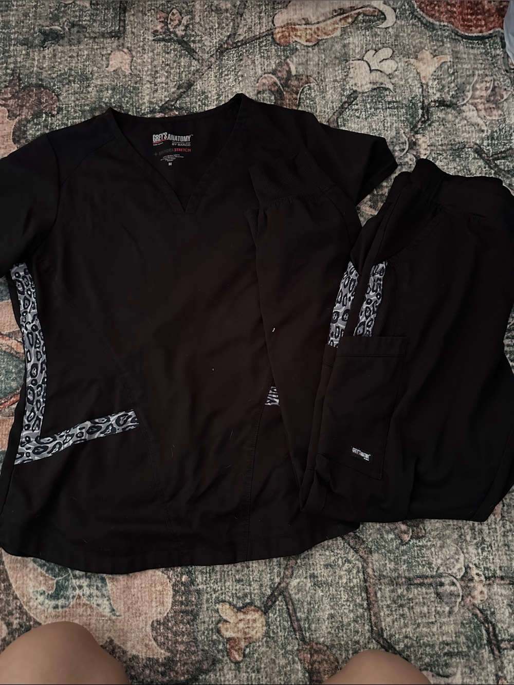 Grey's Anatomy Black Scrub Set with Gray Leopard Trim